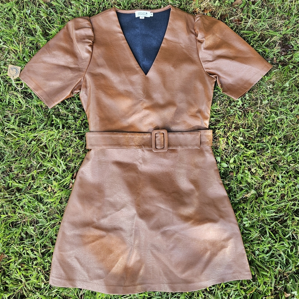 Molly Bracken Vegan Leather Belted Fit and Flare Dress New WO Tags Size M